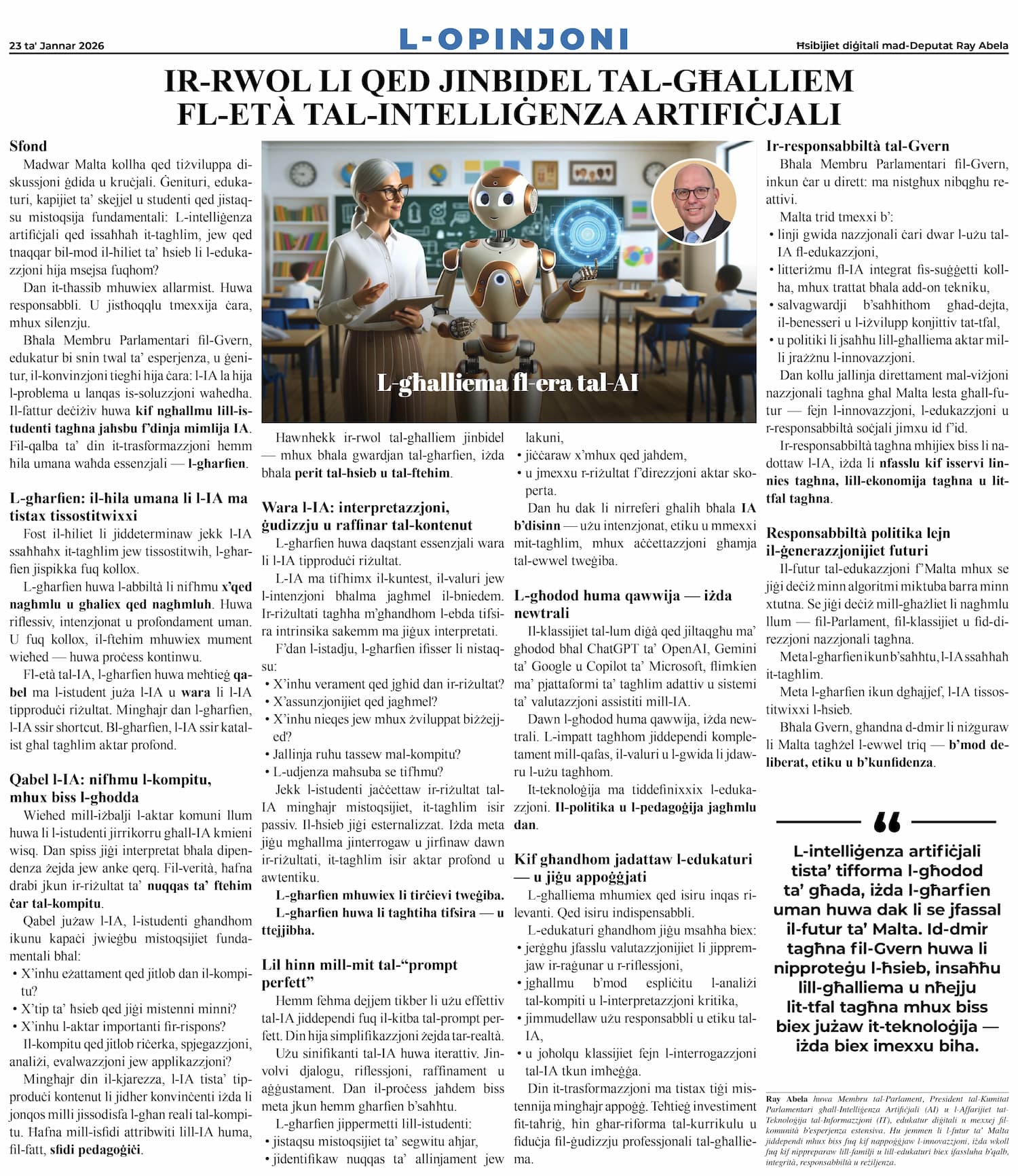 Ray Abela — article excerpt, L-Opinjoni, January 23, 2026